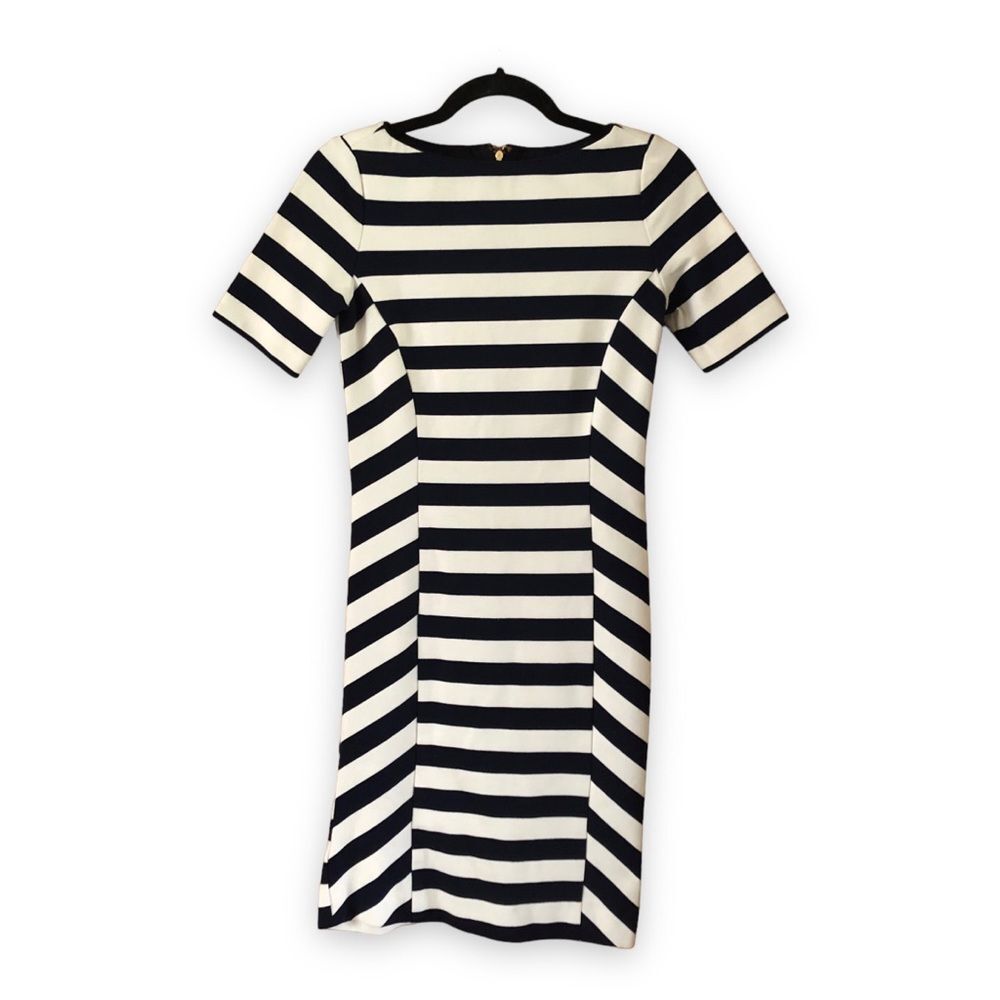 Tory Burch Augusta Navy Blue Ivory Striped Sheath Dress Size XS Preppy Classic